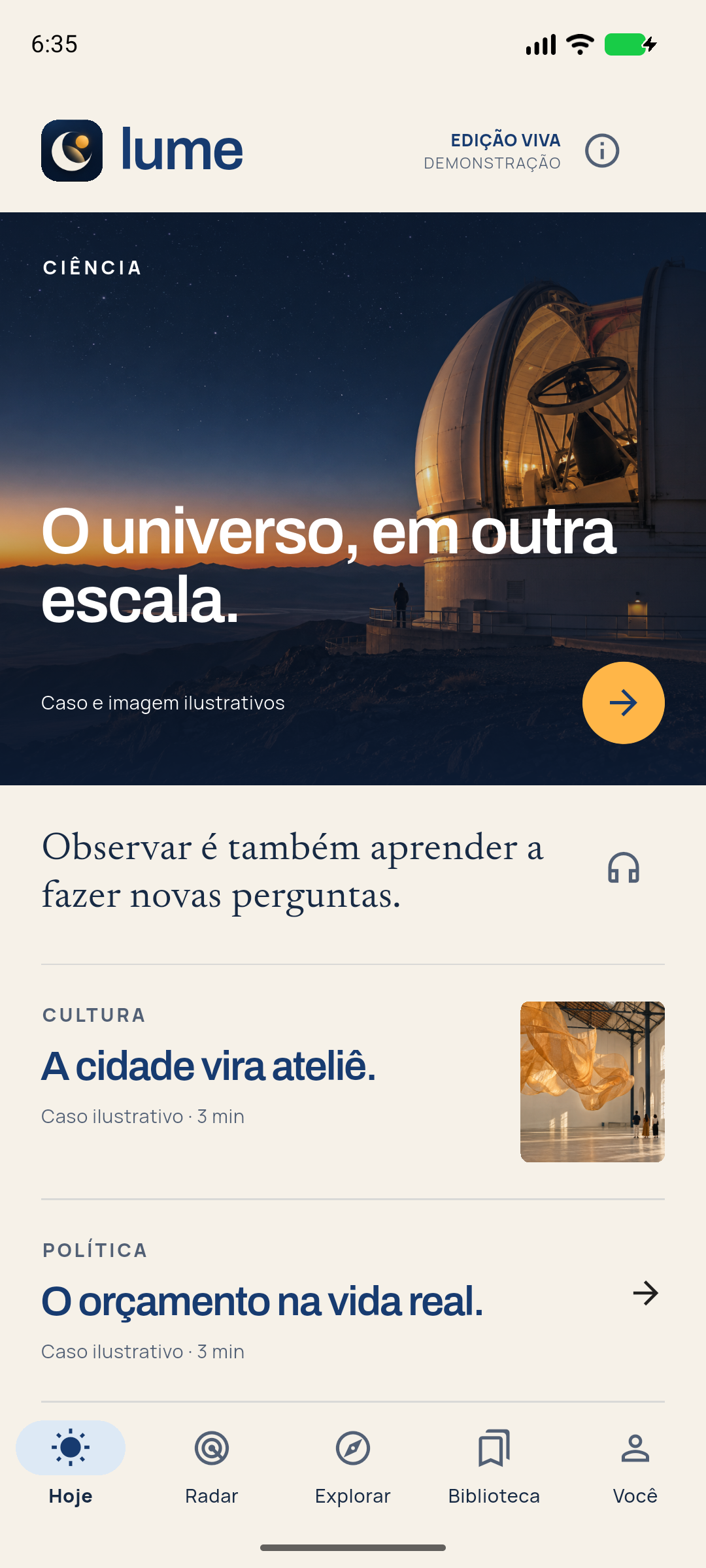 Tela Hoje do Lume: abertura de ciência, chamada de política sem imagem e chamada de cultura.